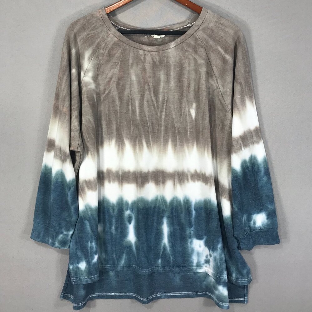 Zia T Shirt Women's Large Green Brown Tie Dye Tunic Oversized Round Long Sleeve